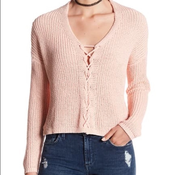Woven Heart Sweaters - Woven Heart Lace-Up Front Pink Chenille Sweater